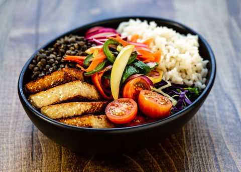 different view of tempeh protein bowl